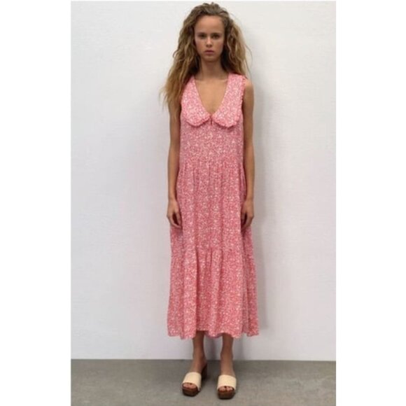 Zara Oversized Floral Print Maxi Dress Peter Pan Collar Tiered Red White Medium - Picture 2 of 15